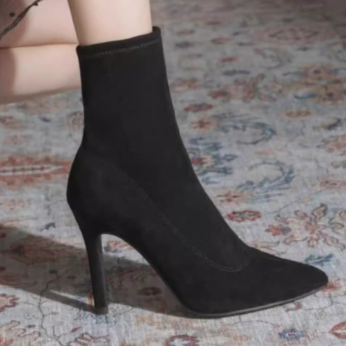 2025秋冬氣質短靴女高跟彈力法式黑色尖頭細跟瘦瘦靴絨面細跟靴子