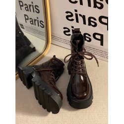 英倫風馬丁靴女2026新款秋冬季短筒單靴短靴復古厚底亮面粗跟靴子