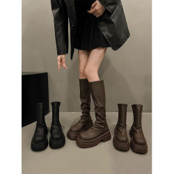 牛皮版~秋冬新款瘦瘦長筒靴小個子厚底騎士靴子不過膝堆堆長靴女