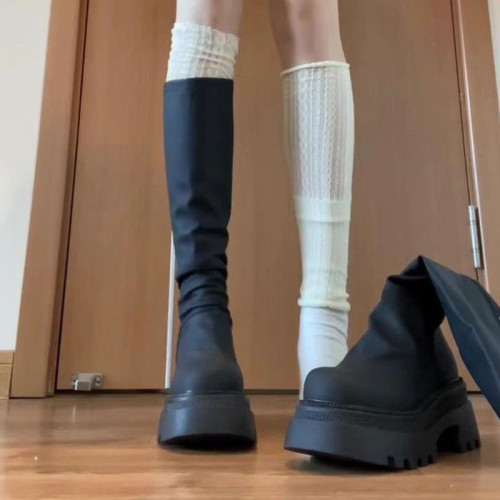 牛皮版~秋冬新款瘦瘦長筒靴小個子厚底騎士靴子不過膝堆堆長靴女