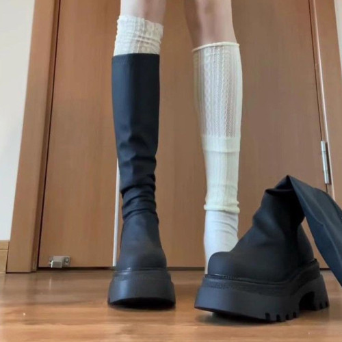 牛皮版~秋冬新款瘦瘦長筒靴小個子厚底騎士靴子不過膝堆堆長靴女