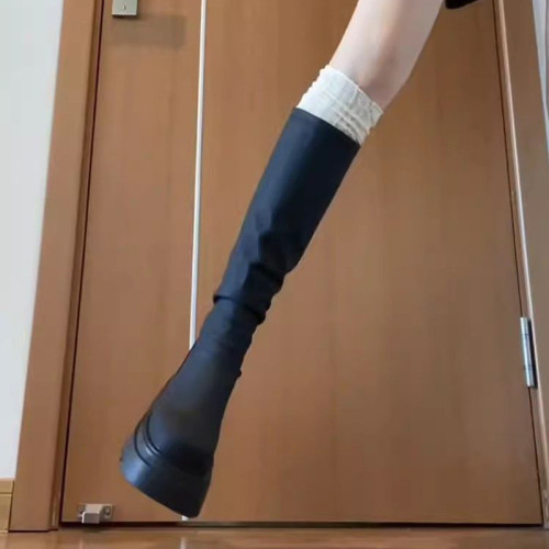 牛皮版~秋冬新款瘦瘦長筒靴小個子厚底騎士靴子不過膝堆堆長靴女