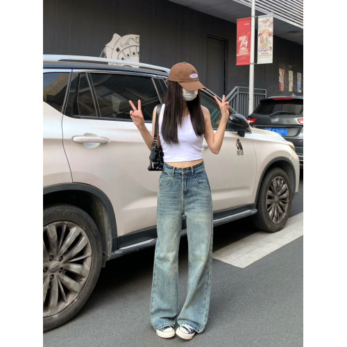 純哥家美式復古藍牛仔褲女2026年春季新款懷舊痞帥寬鬆高腰濶腿褲
