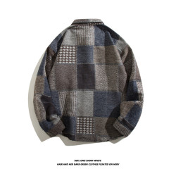 日系復古拼接格子襯衫男士長袖休閒百搭毛呢襯衣外穿痞帥ins潮流