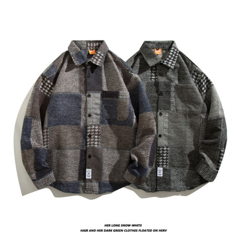 日系復古拼接格子襯衫男士長袖休閒百搭毛呢襯衣外穿痞帥ins潮流