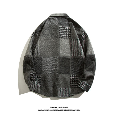 日系復古拼接格子襯衫男士長袖休閒百搭毛呢襯衣外穿痞帥ins潮流