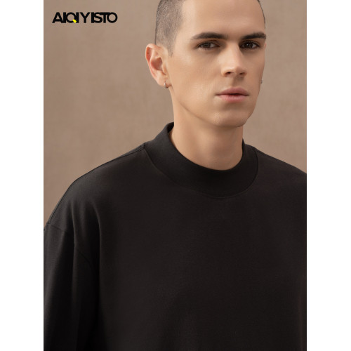 X1s索羅娜棉半高領純色短袖t恤男寬鬆落肩涼感抗皺速乾透氣抑菌夏