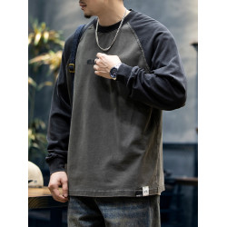 260g春秋新款美式純棉長袖T恤男寬鬆復古大碼插肩袖打底衫上衣潮