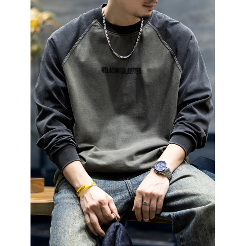 260g春秋新款美式純棉長袖T恤男寬鬆復古大碼插肩袖打底衫上衣潮