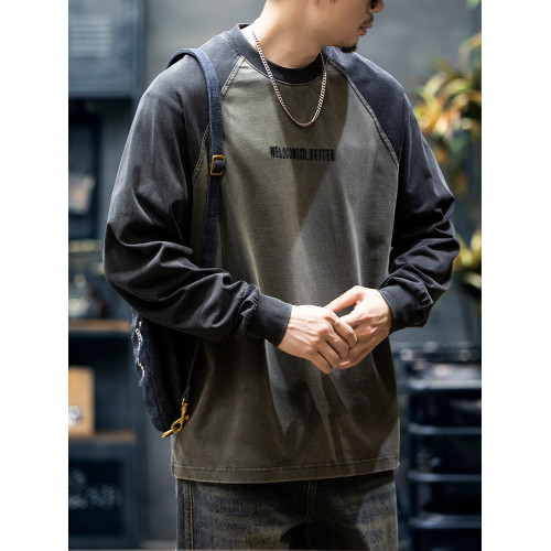 260g春秋新款美式純棉長袖T恤男寬鬆復古大碼插肩袖打底衫上衣潮