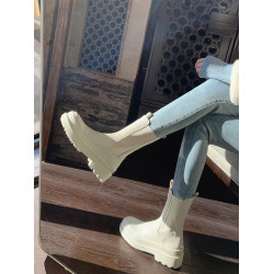 真皮馬丁靴英倫風切爾西靴秋中筒厚底增高菸筒靴女白色短靴子冬季