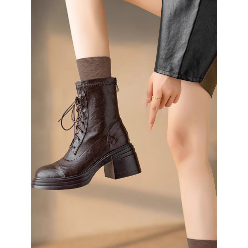 重磅強推！軟到爆2025秋冬新款厚底系帶粗跟馬丁靴女彈力高跟短靴