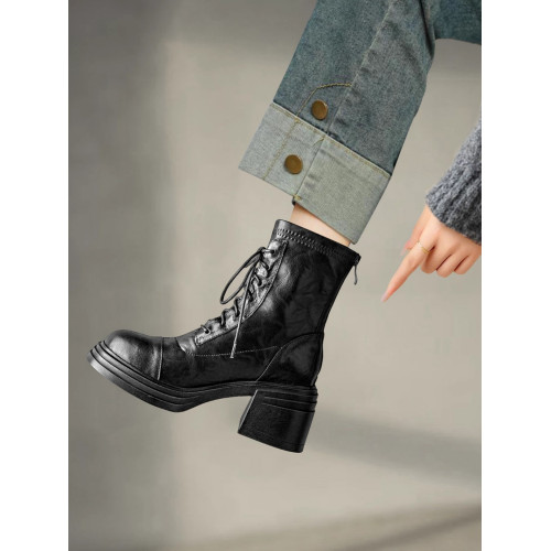 重磅強推！軟到爆2025秋冬新款厚底系帶粗跟馬丁靴女彈力高跟短靴