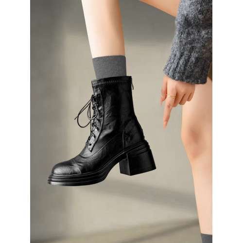 重磅強推！軟到爆2025秋冬新款厚底系帶粗跟馬丁靴女彈力高跟短靴