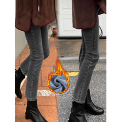 高腰小個子窄版彈力顯瘦菸琯褲2025冬加絨直筒九分牛仔褲女ins潮