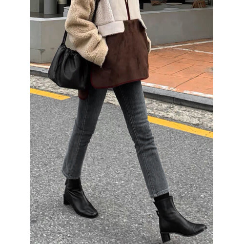 高腰小個子窄版彈力顯瘦菸琯褲2025冬加絨直筒九分牛仔褲女ins潮