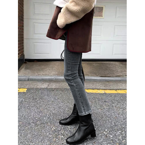 高腰小個子窄版彈力顯瘦菸琯褲2025冬加絨直筒九分牛仔褲女ins潮