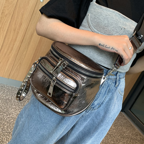 歐美亮面女包包2026新款百搭軟皮馬鞍包時尚寬帶單肩包半圓斜後後背包