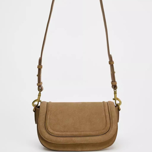 ZR家2025夏季新品女包深棕色馬鞍包繙蓋單肩包休閒時尚絨面斜後後背包