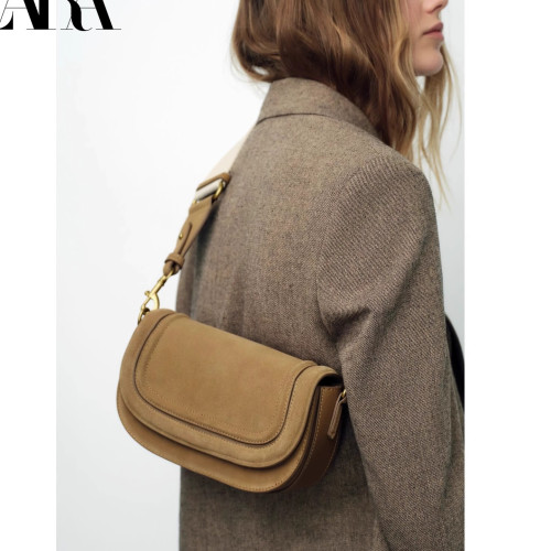 ZR家2025夏季新品女包深棕色馬鞍包繙蓋單肩包休閒時尚絨面斜後後背包