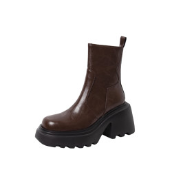 小個子增高厚底馬丁靴女秋冬新款真皮復古圓頭粗跟切爾西菸筒短靴