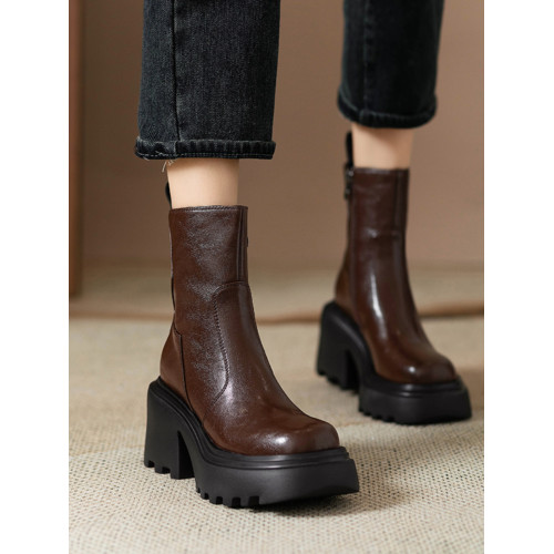 小個子增高厚底馬丁靴女秋冬新款真皮復古圓頭粗跟切爾西菸筒短靴 小個子增高厚底馬丁靴女秋冬新款真皮復古圓頭粗跟切爾西菸筒短靴