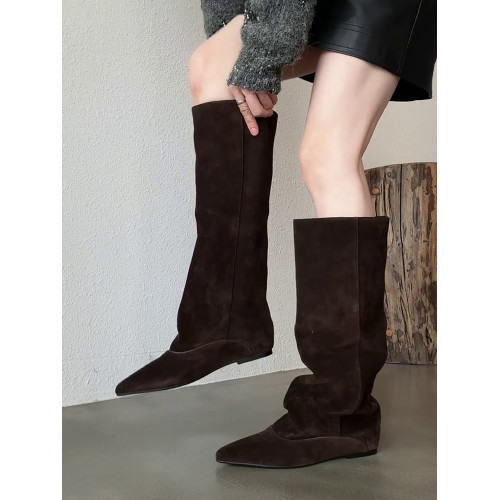 小衆復古絨面顯瘦慵懶風褶皺堆堆靴女不過膝長筒高靴休閒馬丁靴