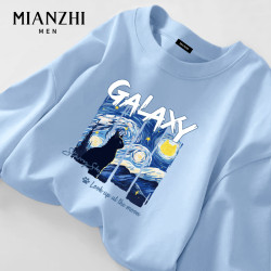 棉致梵高油畫小貓長袖t恤男生藍色青少年卡通純棉寬鬆重磅上衣服