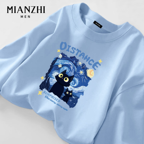 棉致梵高油畫小貓長袖t恤男生藍色青少年卡通純棉寬鬆重磅上衣服