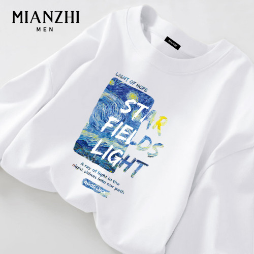 棉致梵高油畫小貓長袖t恤男生藍色青少年卡通純棉寬鬆重磅上衣服