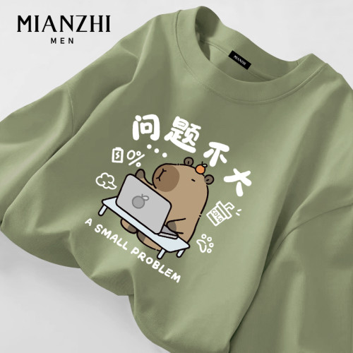 棉致梵高油畫小貓長袖t恤男生藍色青少年卡通純棉寬鬆重磅上衣服