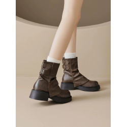 大碼女鞋40一43厚底棕色馬丁靴女百搭休閒褲琯靴2025新款復古短靴