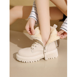 4142大碼加絨馬丁靴女2025冬季高幫保暖厚底短毛棉鞋白色拉鍊短靴