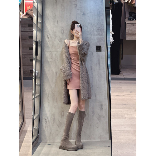 後拉鍊顯瘦長靴子女中筒秋冬平底騎士靴低跟不過膝瘦瘦靴