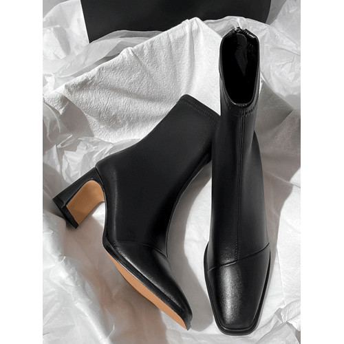 黑色短靴女高跟2025年秋冬新款粗跟法式氣質後拉鍊方頭彈力瘦瘦靴