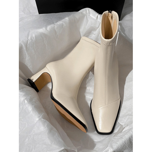 黑色短靴女高跟2025年秋冬新款粗跟法式氣質後拉鍊方頭彈力瘦瘦靴