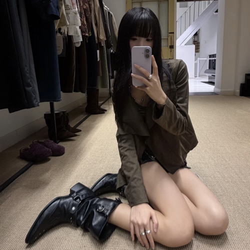 西部短靴女顯瘦粗跟黑色尖頭褶皺騎士堆堆靴復古短筒機車馬丁靴子