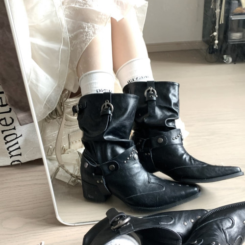 西部短靴女顯瘦粗跟黑色尖頭褶皺騎士堆堆靴復古短筒機車馬丁靴子