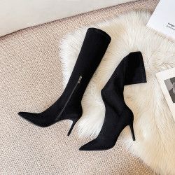 歐美2025秋冬季新款黑色顯瘦彈力靴尖頭高跟長靴女細跟瘦瘦靴子女