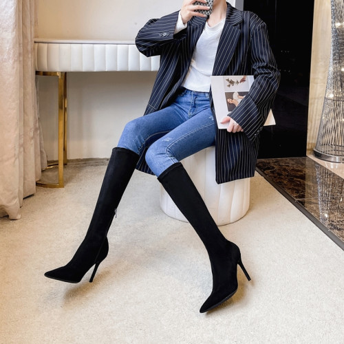 歐美2025秋冬季新款黑色顯瘦彈力靴尖頭高跟長靴女細跟瘦瘦靴子女 歐美2025秋冬季新款黑色顯瘦彈力靴尖頭高跟長靴女細跟瘦瘦靴子女