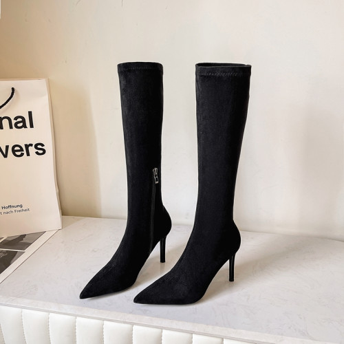 歐美2025秋冬季新款黑色顯瘦彈力靴尖頭高跟長靴女細跟瘦瘦靴子女 歐美2025秋冬季新款黑色顯瘦彈力靴尖頭高跟長靴女細跟瘦瘦靴子女