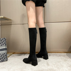 不過膝長靴女2025新款百搭絨面彈力靴高跟方頭小個子長筒高筒靴子