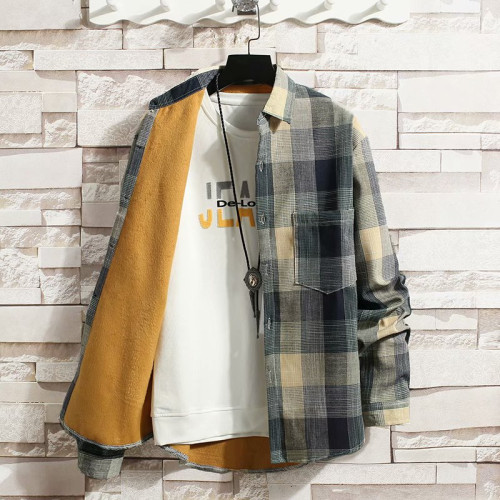 冬季長袖漸變格子襯衫男加絨保暖襯衣男韓版修身情侶潮流帥氣外套