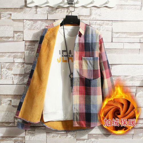 冬季長袖漸變格子襯衫男加絨保暖襯衣男韓版修身情侶潮流帥氣外套