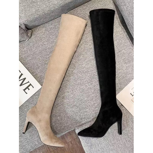 尖頭杏色絨面高跟長靴女2025秋冬季新款彈力瘦瘦靴粗跟過膝高筒靴 尖頭杏色絨面高跟長靴女2025秋冬季新款彈力瘦瘦靴粗跟過膝高筒靴