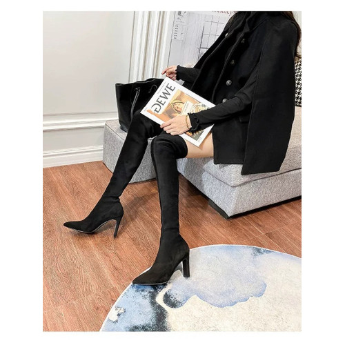 尖頭杏色絨面高跟長靴女2025秋冬季新款彈力瘦瘦靴粗跟過膝高筒靴 尖頭杏色絨面高跟長靴女2025秋冬季新款彈力瘦瘦靴粗跟過膝高筒靴