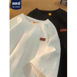 胖胖哥黑色螺紋短袖t恤男款夏季港風新款潮牌半截袖大碼寬鬆體恤