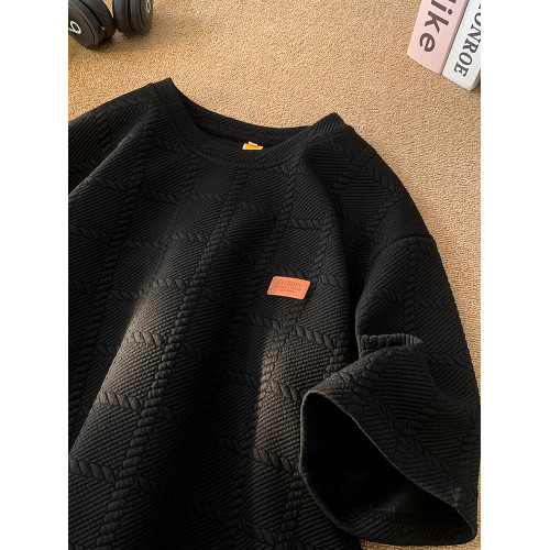 胖胖哥黑色螺紋短袖t恤男款夏季港風新款潮牌半截袖大碼寬鬆體恤