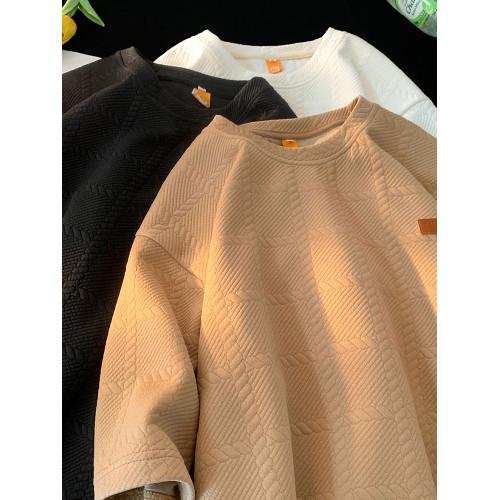 胖胖哥黑色螺紋短袖t恤男款夏季港風新款潮牌半截袖大碼寬鬆體恤