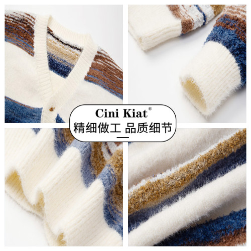 CiniKiat美式復古條紋針織開衫男春秋情侶寬鬆潮流休閒百搭毛衣衫